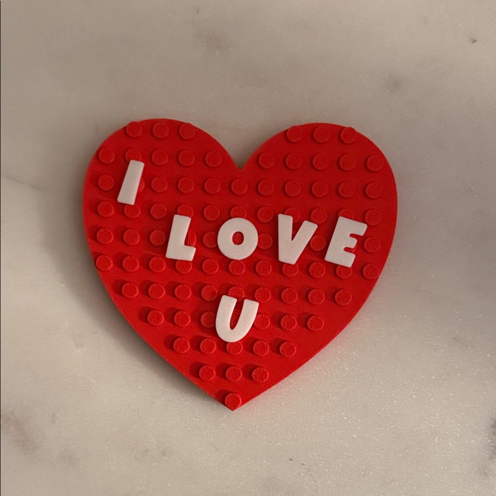 3D Printed Red Heart-Shaped Lego Inspired Brick Toy Decor w/ “I Love U” Message